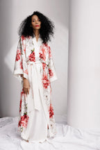 Peony Allure Long Silk Kimono Style Robe In