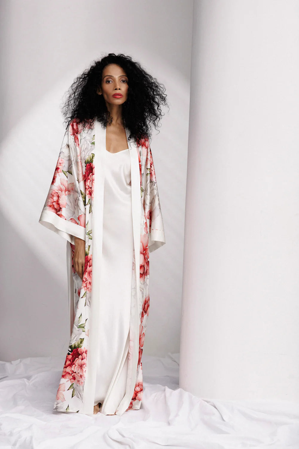 Peony Allure Long Silk Kimono Style Robe In