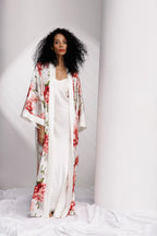 Peony Allure Long Silk Kimono Style Robe In