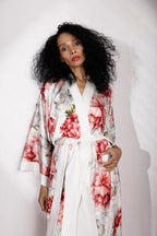 Peony Allure Long Silk Kimono Style Robe In