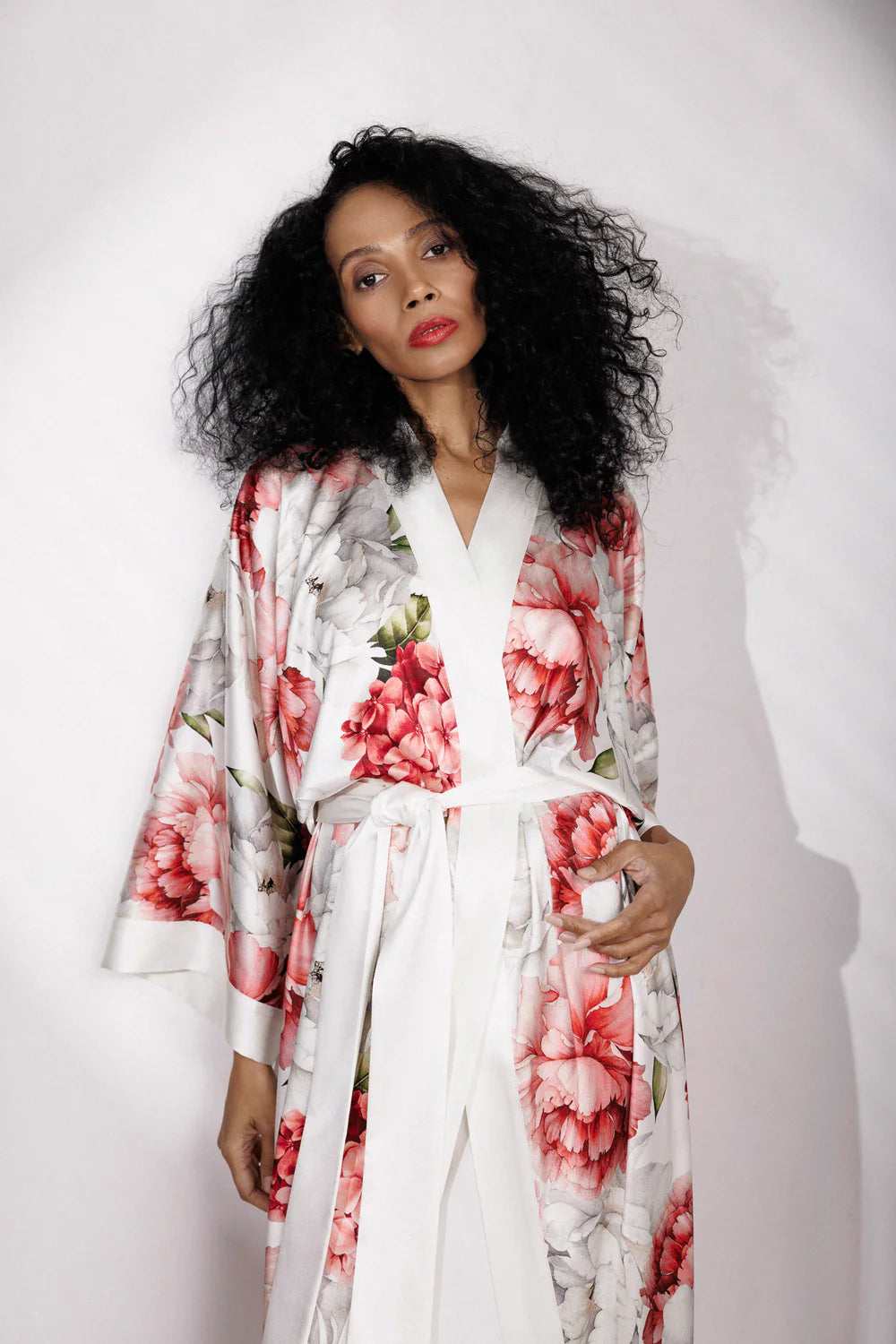 Peony Allure Long Silk Kimono Style Robe In