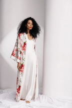 Peony Allure Long Silk Kimono Style Robe In