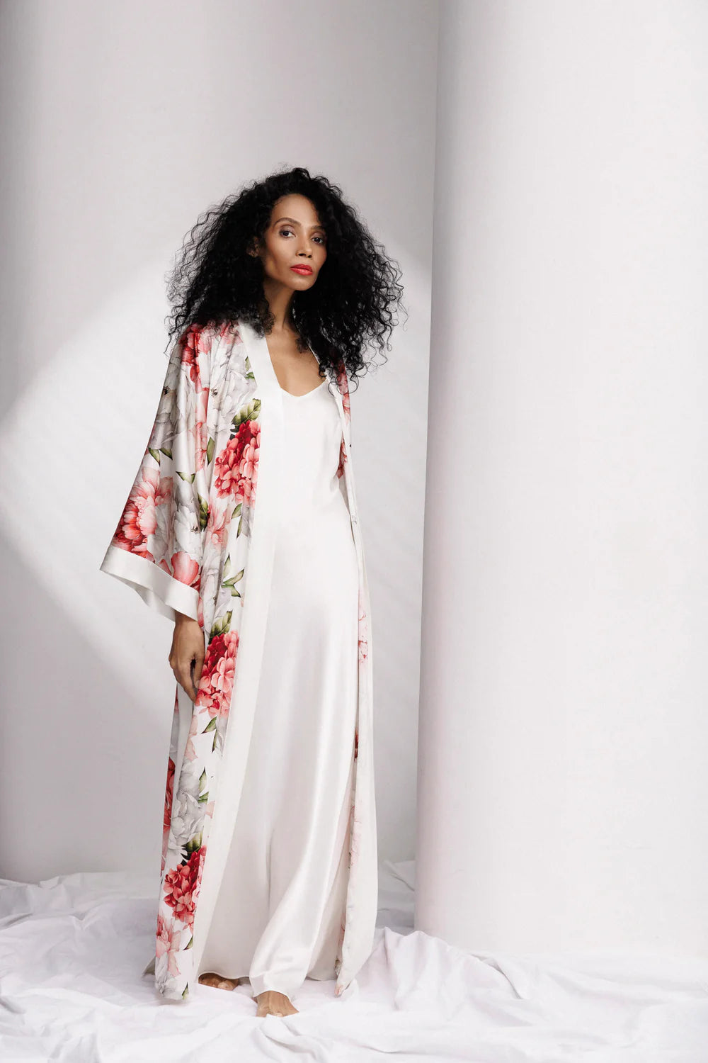 Peony Allure Long Silk Kimono Style Robe In
