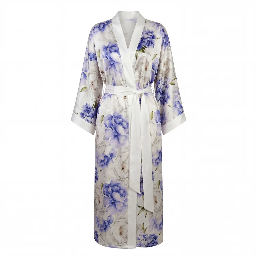 Peony Allure Long Silk Kimono Style Robe In