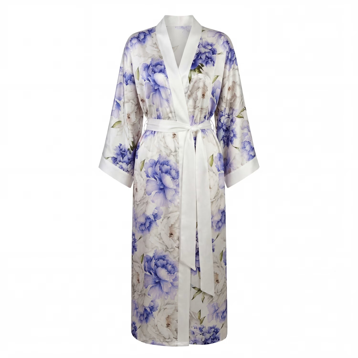Peony Allure Long Silk Kimono Style Robe In