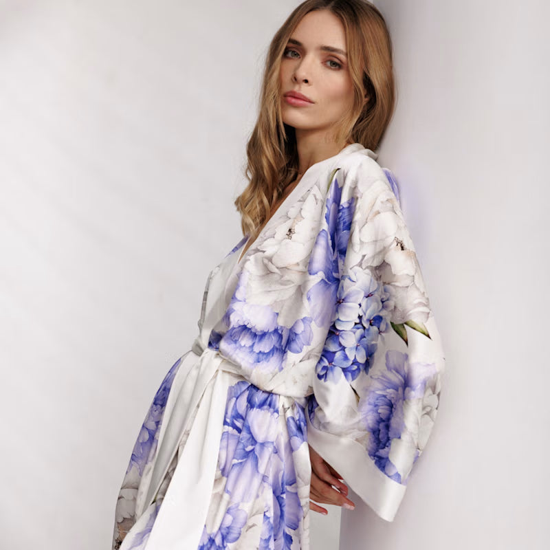 Peony Allure Short Silk Kimono Style Robe