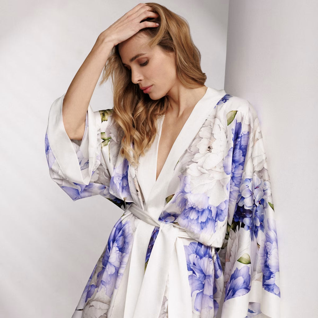 Peony Allure Short Silk Kimono Style Robe