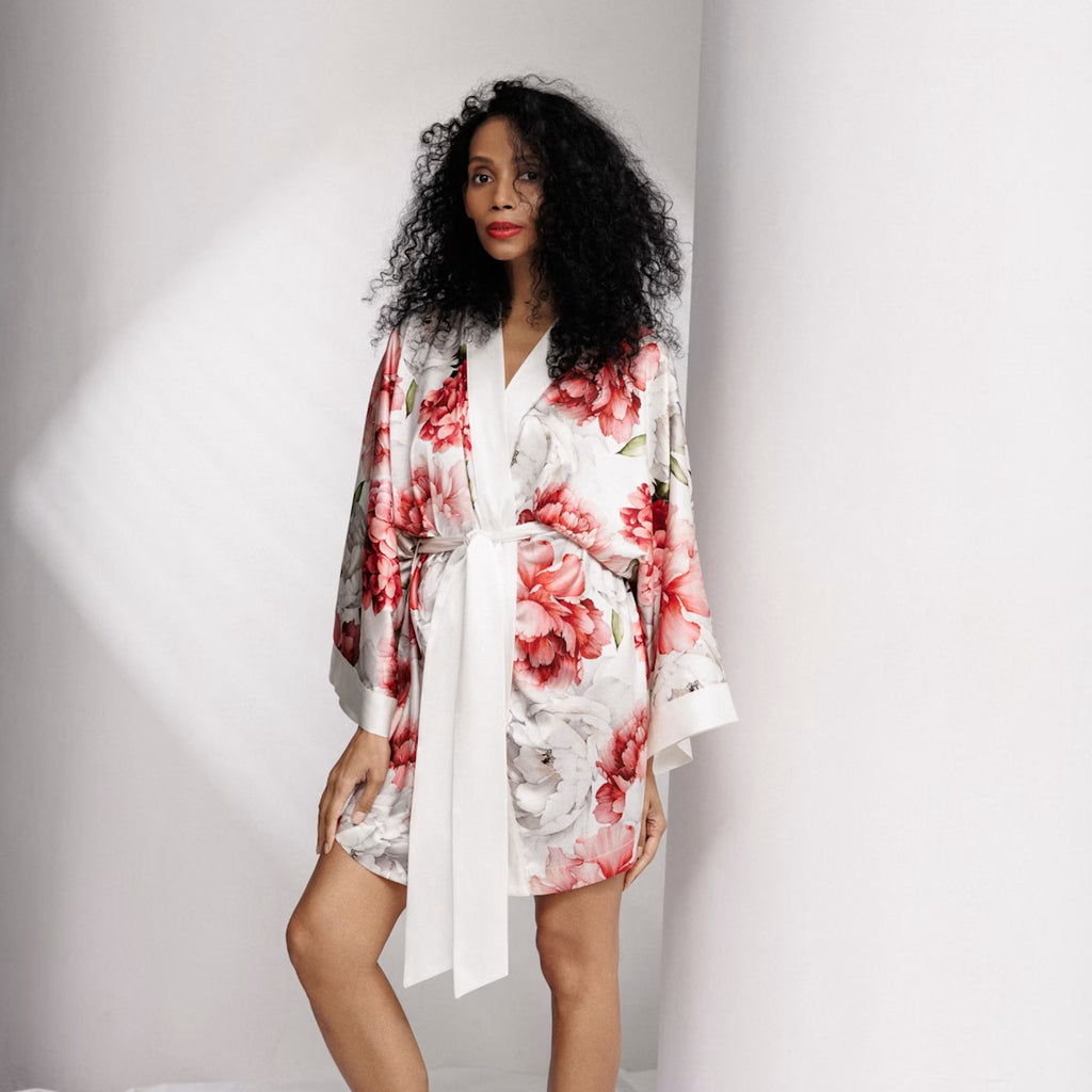 Peony Allure Short Silk Kimono Style Robe