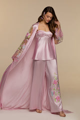 Floral Embroidered Silk Robe, Silk Camisole Top and Silk Pants Set