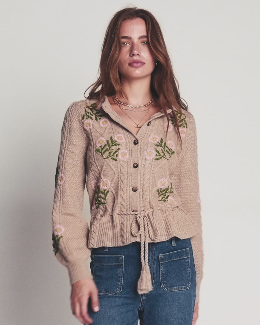 Cable Knitted Cardigan Mink Melange, Embroidery