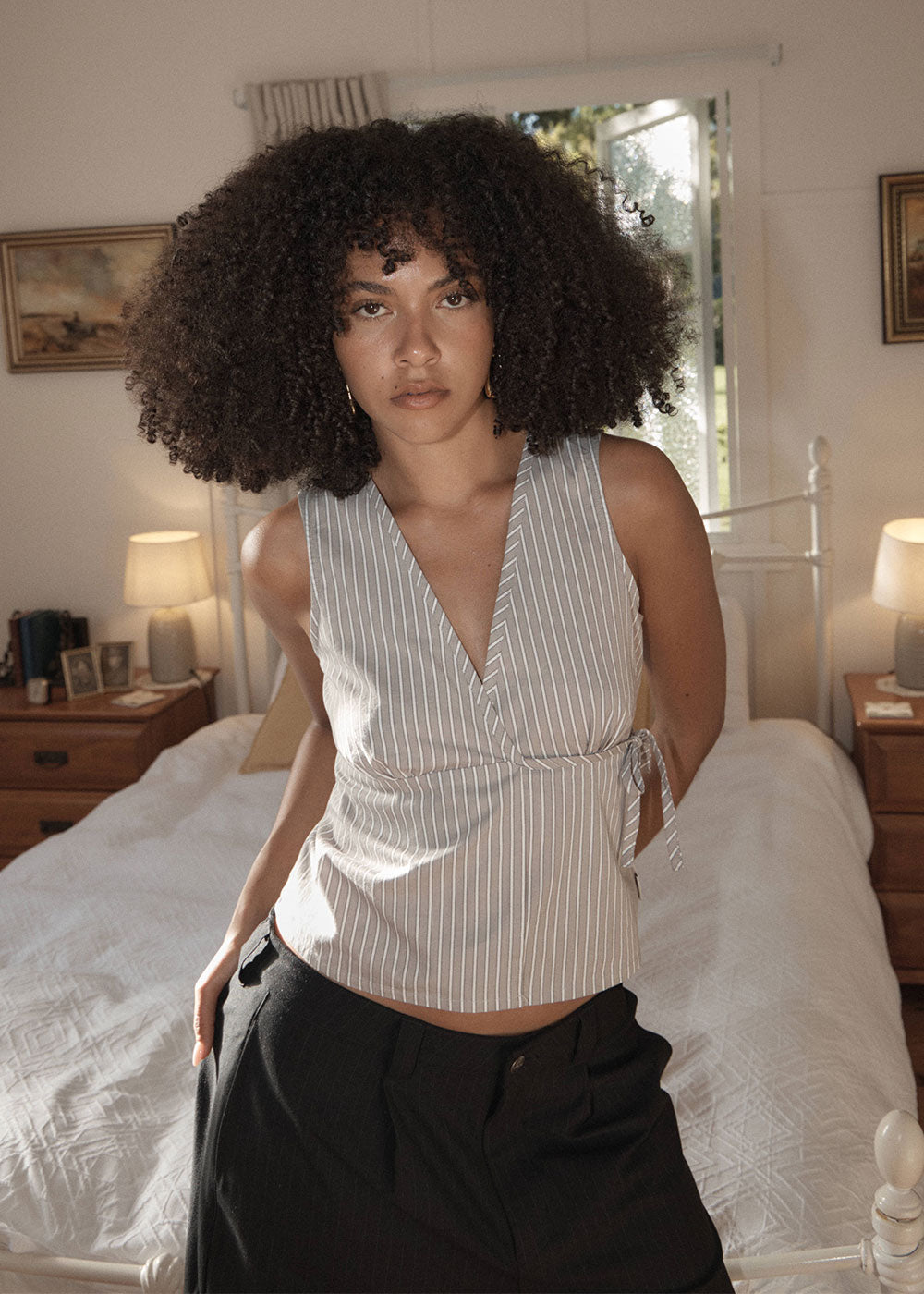 AFENDS Womens Tiara - Wrap Top - Olive Stripe